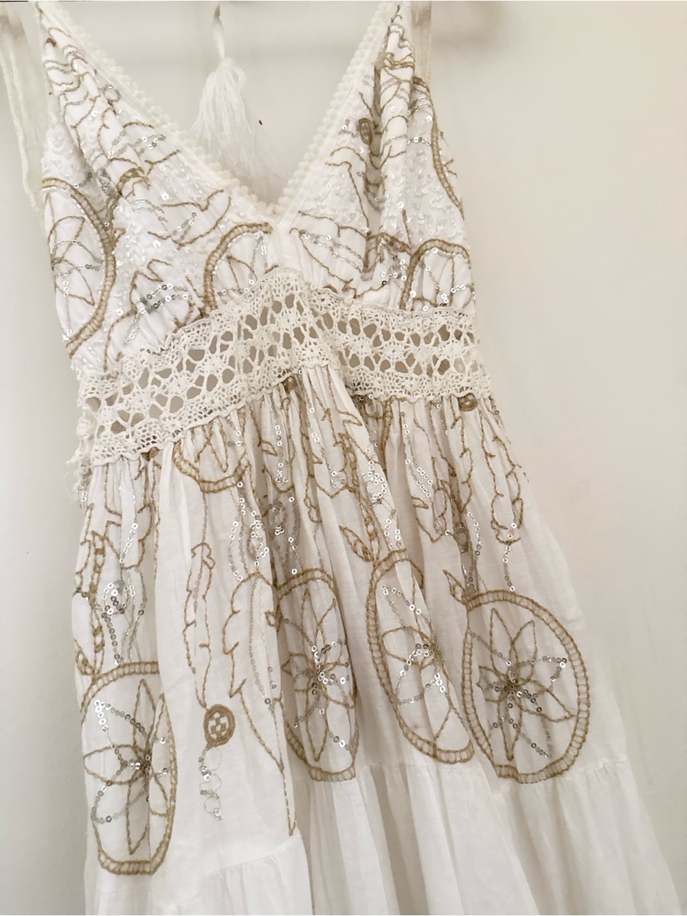 White Embroidered Sequin Boho Cotton Maxi Dress